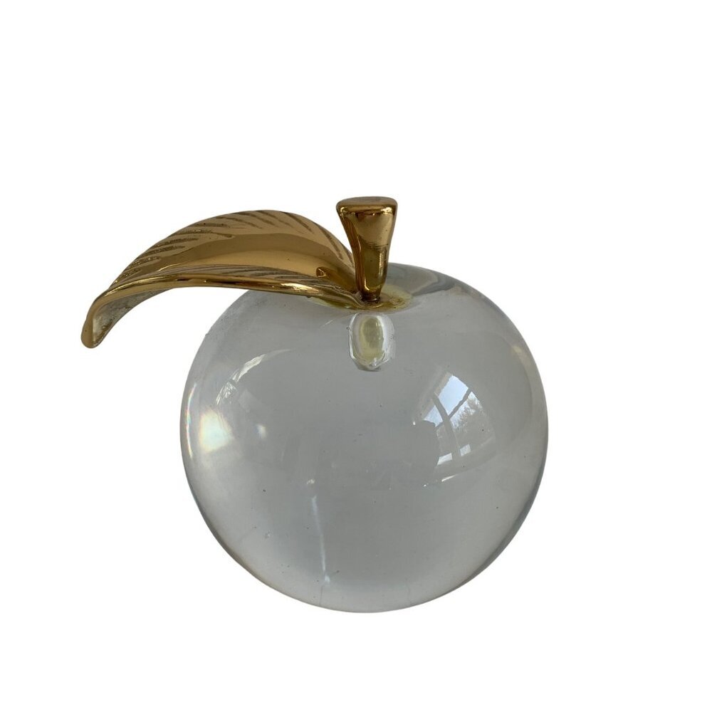 Vintage Clear Glass Apple Brass Leaf Stem Paperweight Large - Picture 2 of 7